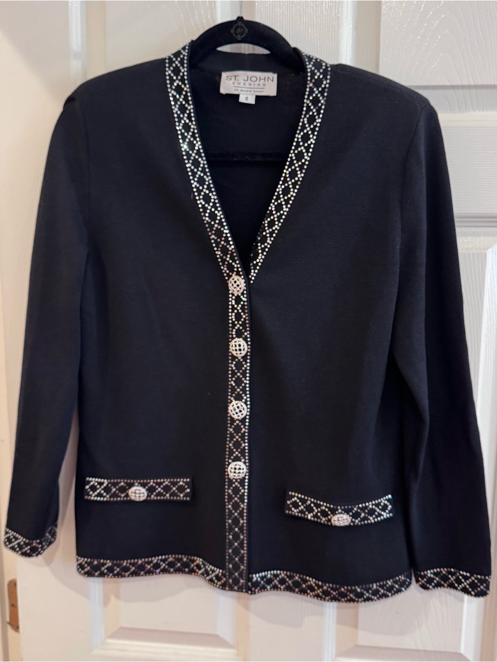 St. John Evening Black V-Neck Sweater Jacket with Rhinestone Trim